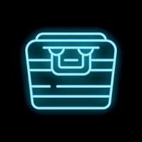 Bright glowing blue neon chest icon with a sad face on a black background vector