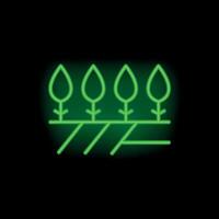 Green neon sign of four trees growing from cultivated land on black background vector