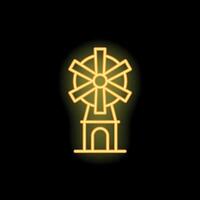 Neon icon of traditional windmill glowing yellow on black background vector