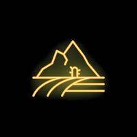 Neon sign representing a mine entrance with mountains and fields vector