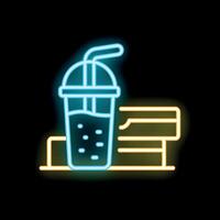 Neon sign showing a soda with ice cubes and a straw next to a credit card displaying cashless payment vector