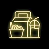 Neon sign showing wok with noodles, box and soda in yellow color on black background vector