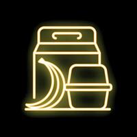 Neon yellow lunchbox with banana and yogurt icon glowing on black background vector
