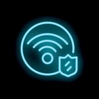 Neon icon representing secured wifi signal with shield on black background vector