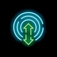 Neon sign representing data transfer with up and down arrows inside concentric circles vector