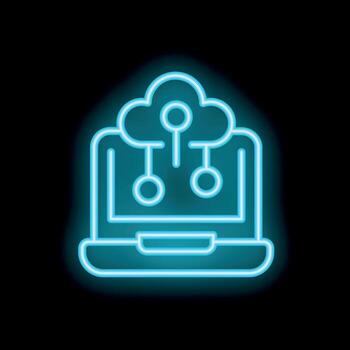 Neon blue cloud computing icon showing data flowing to laptop computer vector