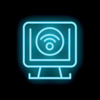Neon computer icon showing wifi signal on black background vector