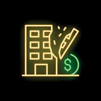 Neon style icon showing earthquake destroying building with dollar sign vector