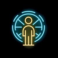 Neon icon of person standing inside circle with arrows pointing inwards vector