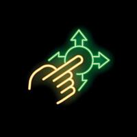 Neon sign showing hand pressing button with arrows pointing in different directions vector