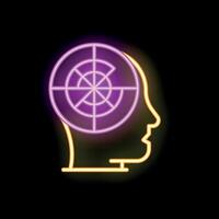 Neon icon of human head profile with target inside representing focused mindset vector