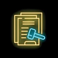 Neon icon of judge hammer striking legal documents representing justice vector