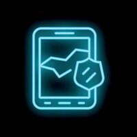 Mobile phone showing graph with security shield neon sign on black background vector