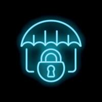 Neon sign representing umbrella protecting a padlock, concept of security vector