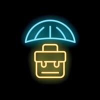 Neon icon of a parachute protecting a briefcase representing job security and unemployment insurance vector