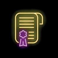 Neon sign of important document with stamp and ribbon glowing on black background vector