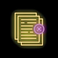 Neon icon of a document with a cross mark on it is glowing on a black background vector