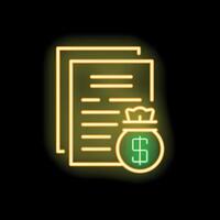 Neon icon of money bag next to documents representing financial statement vector