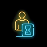 Neon icon of person standing near hourglass showing time management concept vector
