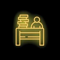 Businessman working overtime with stack of documents neon icon vector