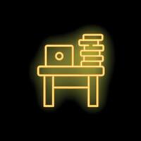 Glowing neon icon of desk with laptop and paper stack for online education concept vector