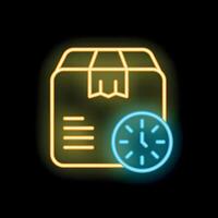 Neon sign of cardboard box with delivery time clock icon vector