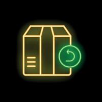 Glowing neon line return cardboard box icon isolated on black background representing parcel return vector