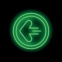 Green neon sign showing left arrow in circle on black background vector