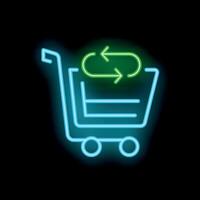 Neon shopping cart icon showing return process vector