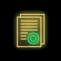 Neon icon of documents with a green approved stamp glowing on black background vector