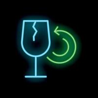 Neon fragile broken glass symbol with recycling sign indicating recyclable material on black background vector