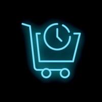 Neon shopping cart icon with clock symbolizing express delivery vector