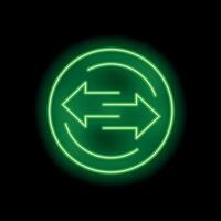 Green neon sign showing two arrows pointing in opposite directions in circle on black background vector
