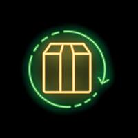 Neon green circular arrow moving around cardboard box on black background vector