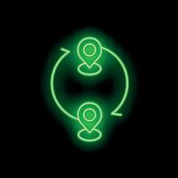 Neon green round arrow connecting two location pins on black background vector