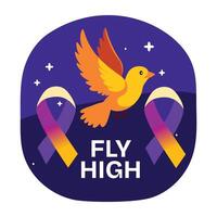 Flat sticker of a bird flying above two ribbons with text fly high vector