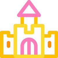 A castle icon with a pink roof and a yellow tower vector