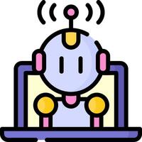 A robot is sitting on a laptop with a wireless signal vector
