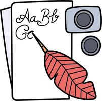 A feather and a camera are next to a piece of paper vector