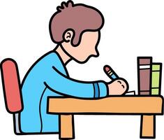 A boy is writing at a desk with a pen vector