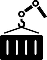 A black and white icon of a crane lifting a box vector