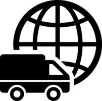 A black and white image of a delivery truck and globe vector