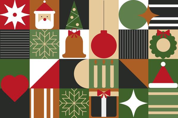 Seamless Christmas pattern in Bauhaus style. Geometric winter background with New Year festive elements.