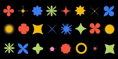 Abstract Y2K geometric shapes. Set of bright futuristic elements on black background. vector