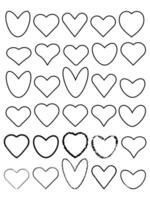 Big set of black linear hearts of different shapes on white isolated background. Design elements for Valentine's Day, websites, wedding. vector