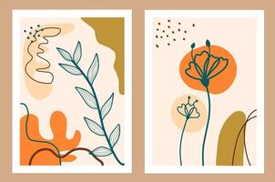 Collection of contemporary style botanical line art abstract backgrounds. illustration of abstract art hand drawn aesthetic pattern shape, flowers and pistils. vector