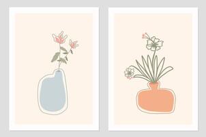 Collection of two abstract botanical posters using soft colors, contemporary art style. Wall decoration of blooming flowers and leaves in a vase hand drawn abstract style. vector