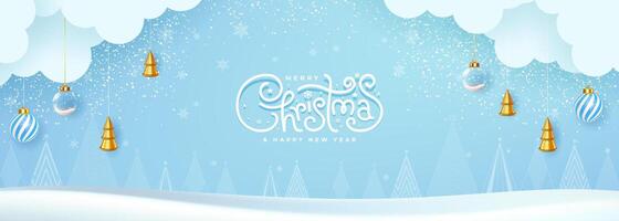 Christmas greeting card in paper cut style featuring clouds, trees, and decorations on a blue background. vector