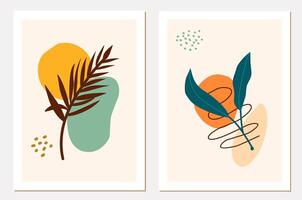 Abstract botanical wall art illustration set. Line art drawing of leaves with abstract shapes. Abstract plant art design for print, covers, wrapping paper, minimal and natural wall decorations. vector