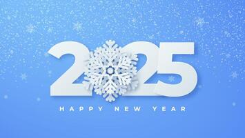 Happy New Year 2025 in the form of realistic, 3D stylized numbers, accompanied by white snowflakes. vector